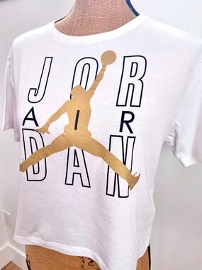 Air Jordan Tee, Gold Jordan Flight Jumpman Motif, Short Sleeves, Slight Crop